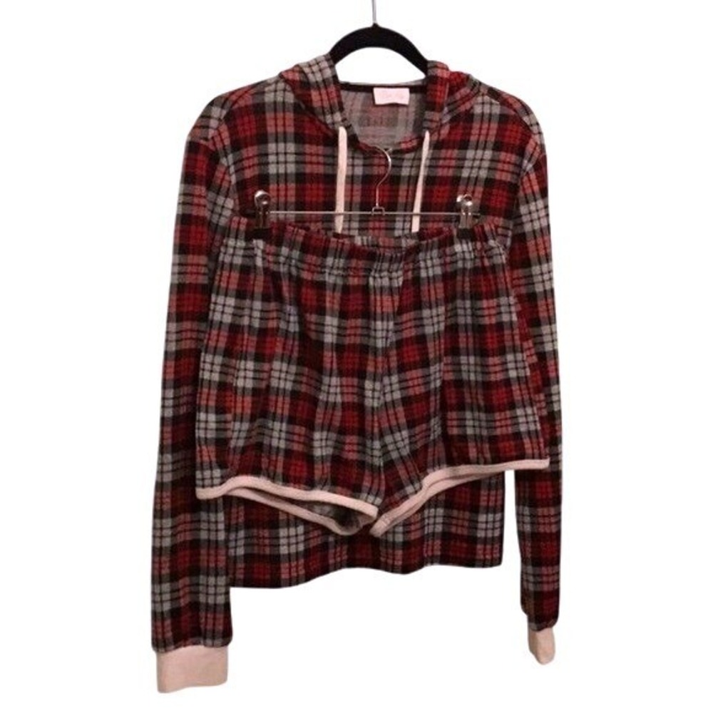 Pink Lily Plaid Lounge Set Hoodie & Shorts Pajamas Red Gray Black Cozy Womens LG
